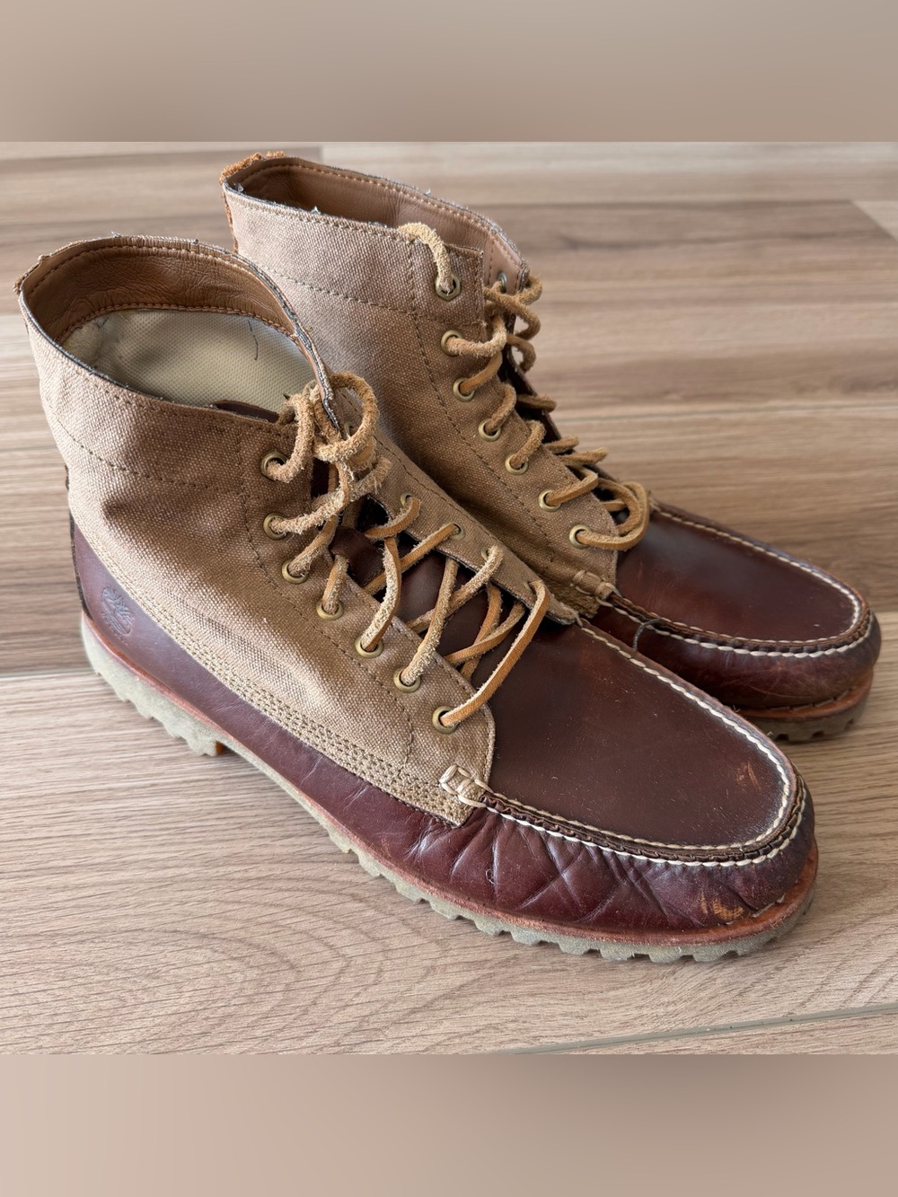 Timberland Boots Brown Leather Canvas Uppers Lug Sole 12M